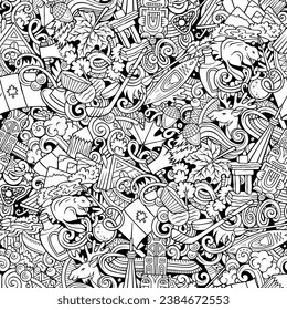 Sketchy cartoon doodle seamless pattern with a variety of Canadian objects and symbols, including maple leaf, beaver, moose, hockey stick, and snow. 