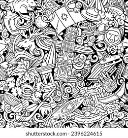 Sketchy cartoon doodle seamless pattern with a variety of Canadian objects and symbols, including maple leaf, beaver, moose, hockey stick, and snow