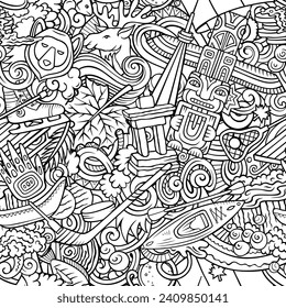 Sketchy cartoon doodle seamless pattern with a variety of Canadian objects and symbols, including maple leaf, beaver, moose, hockey stick, and snow. 