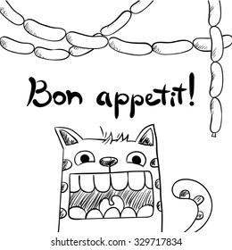 Sketchy cat with sausages, bon appetit. Hand drawn vector illustration