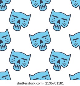 Sketchy cat skull head on white background seamless pattern. Modern vintage, pop art style seamless pattern concept.