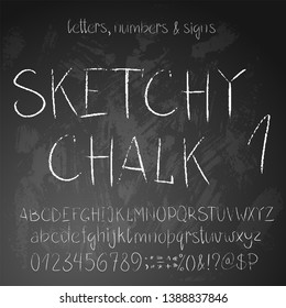 Sketchy chalk alphabet. Full set of letters, numbers and symbold, thin texture.