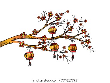 Sketchy of Chinese Lantern hang on cherry tree