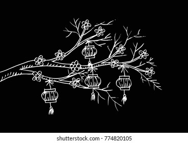 Sketchy of Chinese Lantern hang on cherry tree