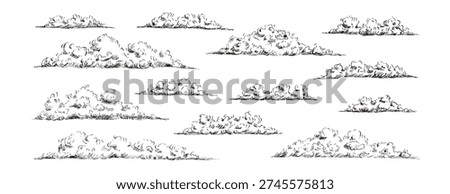 Sketchy clouds illustration with hand-drawn ink pen strokes and hatching. Vintage doodle sky. Retro line art nature beauty in classic black and white pencil sketch design. Vector linear set.
