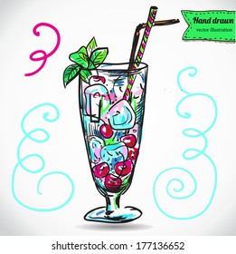 Sketchy cocktail, beach party, hand drawn design element isolated