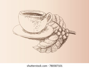 Sketchy of Coffee cup and beans