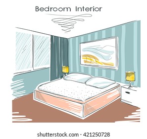 Sketchy color illustration of bedroom interior.Vector hand drawing modern home