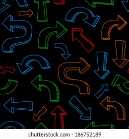 Sketchy colorful arrows and pointers on black seamless pattern, vector