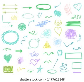 Sketchy colorful elements on isolated white background. Hand drawn simple shapes. Line art. Set of different signs. Abstract symbols