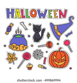 Sketchy colorful fun vector hand drawn doodle cartoon set of objects and symbols on the Halloween theme. Halloween doodle patch badges, stickers.