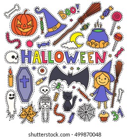 Sketchy colorful fun vector hand drawn doodle cartoon set of objects and symbols on the Halloween theme. Halloween doodle patch badges, stickers.