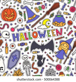 Sketchy colorful fun vector hand drawn doodle cartoon pattern on the Halloween theme. Halloween doodle patch badges, stickers.