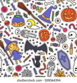 Sketchy colorful fun vector hand drawn doodle cartoon pattern on the Halloween theme. Halloween doodle patch badges, stickers.