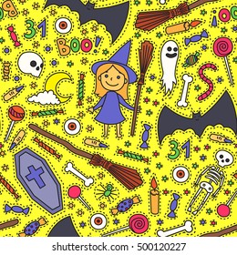 Sketchy colorful fun vector hand drawn doodle cartoon pattern on the Halloween theme. Halloween doodle patch badges, stickers.