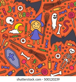 Sketchy colorful fun vector hand drawn doodle cartoon pattern on the Halloween theme. Halloween doodle patch badges, stickers.