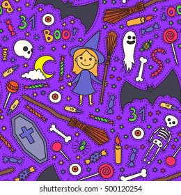 Sketchy colorful fun vector hand drawn doodle cartoon pattern on the Halloween theme. Halloween doodle patch badges, stickers.