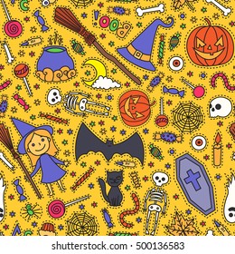 Sketchy colorful fun vector hand drawn doodle cartoon pattern on the Halloween theme. Halloween doodle patch badges, stickers.