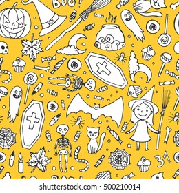 Sketchy colorful fun vector hand drawn doodle cartoon pattern on the Halloween theme.