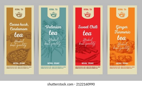 Sketchy colorful herbal tea cards set