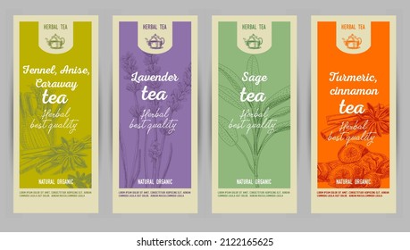 Sketchy colorful herbal tea cards set