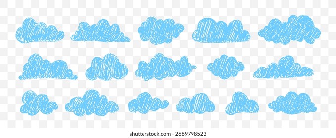Sketchy crayon clouds on chalkboard texture. Playful sky elements for school or baby shower decor. Vector illustration.
