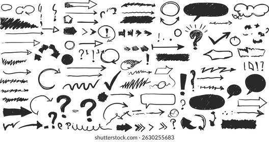 Elementos de realce desenhados à mão crayon crocante - círculos, sublinhados, setas, marcas de verificação e cruzes. Borda de linha de giz de rabiscar, gráfico de ênfase de texto.