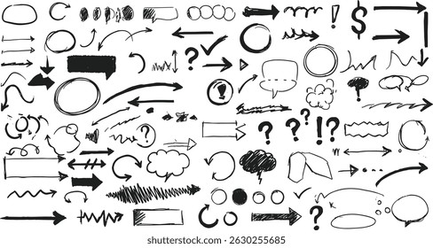 Sketchy crayon hand drawn highlight elements - circles, underlines, arrows, checkmarks and crosses. Doodle chalk line border, text emphasis graphic.