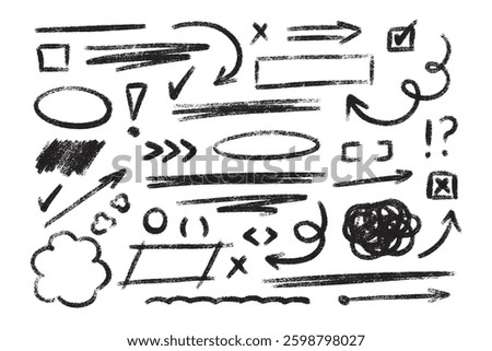 Sketchy crayon hand drawn highlight elements - circles, underlines, arrows, checkmarks and crosses. Doodle chalk line border, text emphasis graphic. Rough freehand grunge shapes for design annotation