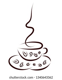 Sketchy cup of hot coffee and coffee beans on white background. Element vector pattern. Hand-drawn prints. Logo, pictogram, graphic design element.