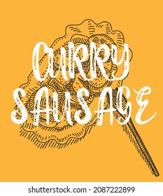 Sketchy curry sausage on the yellow background. Sketchy hand-drawn vector illustration. German traditional fast food. 