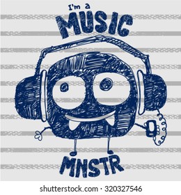 Sketchy cute monster mascot listening to music on striped background. T-shirt graphics design. Vector illustration. Music monster illustration.