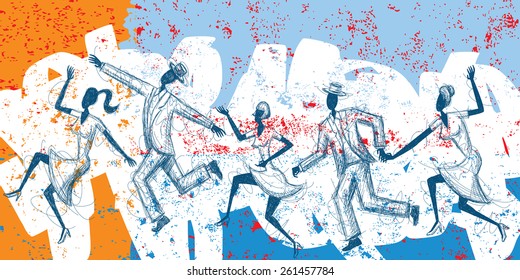 Sketchy dancing people
Sketchy, hand-drawn couples dancing over an abstract background.