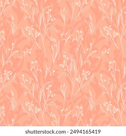 Sketchy delicate botanical pattern of peach fuzz doodle wildflowers on tonal background. Endless repeat in casual romantic style.