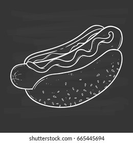 sketchy delicious hotdog with mustard on chalkboard background