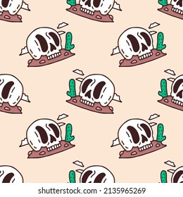 Sketchy desert skull and cactus on soft background seamless pattern. Modern vintage, pop art style seamless pattern concept.