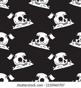 Sketchy desert skull with flag on black background seamless pattern. Modern vintage, pop art style seamless pattern concept.