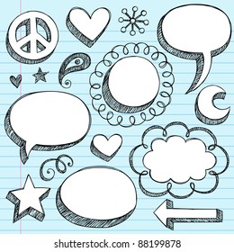 Sketchy Doodle 3-D Shaped Comic Book Style Speech Bubbles and Peace Sign- Hand Drawn Notebook Doodles on Blue Lined Paper Background- Vector Illustration