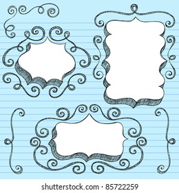 Sketchy Doodle 3-D Shaped Ornate Comic Book Style Speech Bubble Frames with Swirls Edge Design- Back to School Notebook Doodles on Blue Lined Paper Background- Vector Illustration