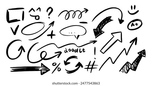 Skizzenhafte Doodle-Pfeile. Vektorsymbole gesetzt. Richtungszeiger Formen, Hervorhebung und Verwirbelung von Objekten. Linien, Kurven. Marker-Zeichnung. Handgezeichneter Pinselstrich. Grunge-Textur. Kritzel und Kritzel.