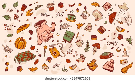 Sketchy Doodle Autumn set of objects and symbols on the fall concept. Hand drawn elements with leaves, pumpkin, pie, mushroom, books, coffee. Vector cartoon illustration