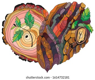 Sketchy doodle heart with tree bark texture and young shoots