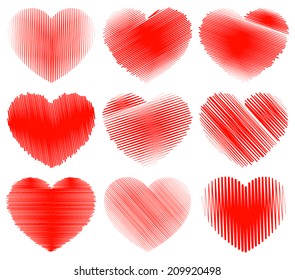 Sketchy, doodle hearts - set of hearts made of lines.