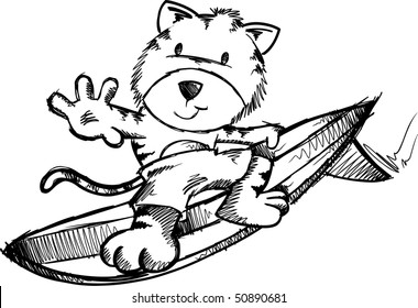 Sketchy doodle tiger surfer Vector Illustration