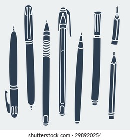 Sketchy Doodles Set of Hand-Drawn Outline Writing and Drawing Utensils/Tools/Supplies for school/office: pen, pencil, felt pen. Cartoon vector eps 10 illustration on white background. Flat colors.