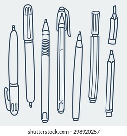 Sketchy Doodles Set of Hand-Drawn Outline Writing and Drawing Utensils/Tools/Supplies for school/office: pen, pencil, felt pen. Cartoon vector eps 10 illustration on white background. Flat colors.