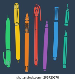 Sketchy Doodles Set of Hand-Drawn Outline Writing and Drawing Utensils/Tools/Supplies for school/office: pen, pencil, felt pen. Cartoon vector eps 10 illustration on white background. Flat colors.