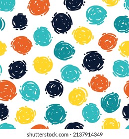 Gráfica de puntos esquemáticos, dibujado a mano, patrón sin costura. puntos negros, amarillos, rojos, beige y azules. Fondo abstracto con varios círculos texturados de varias formas. Papel de escritorio, papel, tela