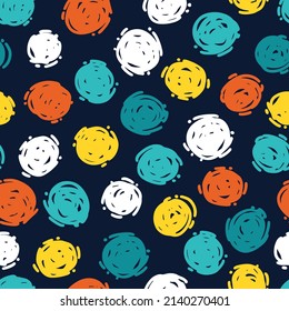 Sketchy dots vector, hand drawn, seamless pattern. Colorful dots on dark blue background. Abstract background with various textured circles of various shapes. Wallpaper, paper, fabric, textile design
