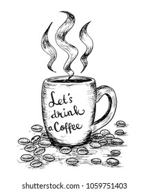 sketchy drawing of a cup coffee in black and white